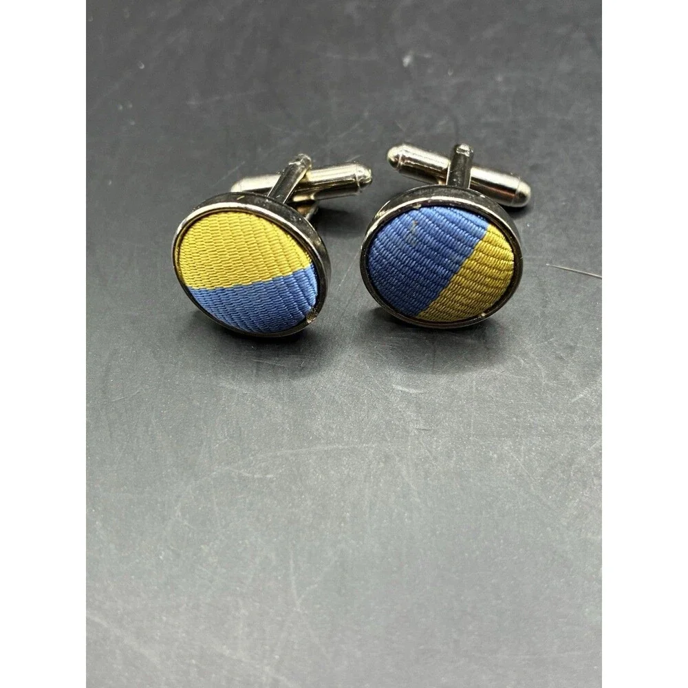 Vintage Silver Tone Cufflinks Blue Gold Woven Fabric Inlay Round Mid Century